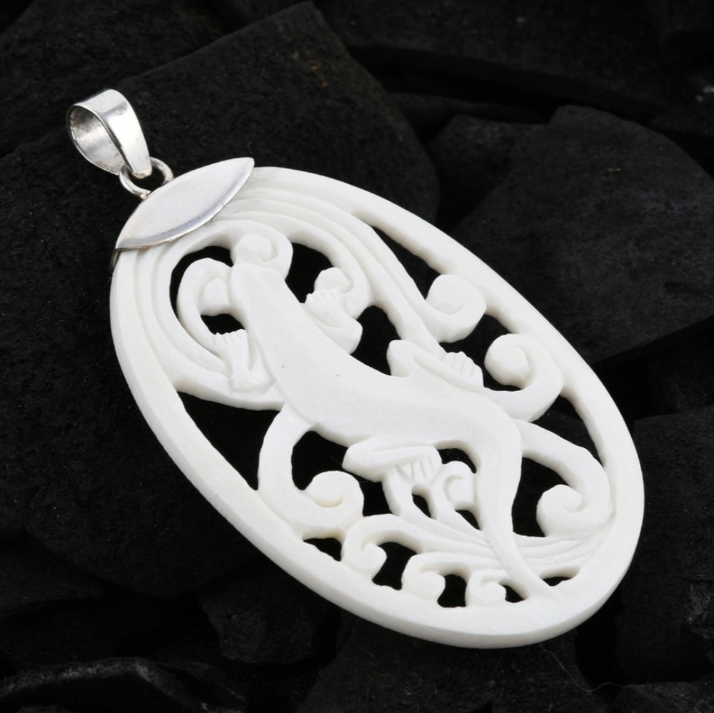 NWT Bali Goddess Carved Bone Pendant in Sterling Silver